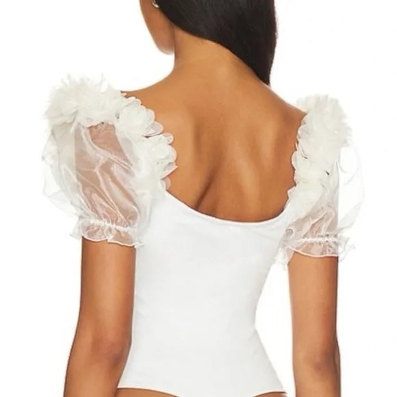 New Free People Floral-Adorned Puff Sleeves Off White Ivory Stretchy Bodysuit